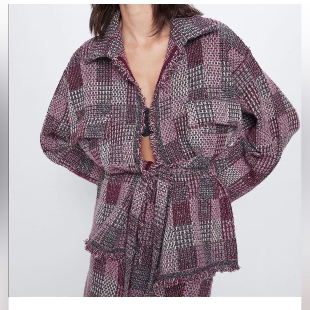 Zara Metallic Tweed Check Knit Belted Oversized Cardigan